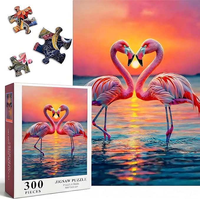 Flamingo Puzzles for Adults 300 Pieces, Jigsaw Puzzle with Flamingo Heart at Sunset, Art Challenging Animal Puzzle for Girlfriend, Valentine's Day, Vacation, Leisure Time, Beach, Wall Decor