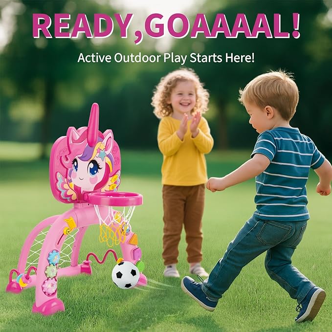 Toddler Basketball Hoop & Soccer Goal: Activity Center with Ring Toss – Unicorn Sports Play Set | Toys for Baby Toddlers 12-18 Months & Boys Girls Ages 1-3 | Indoor Outdoor Birthday