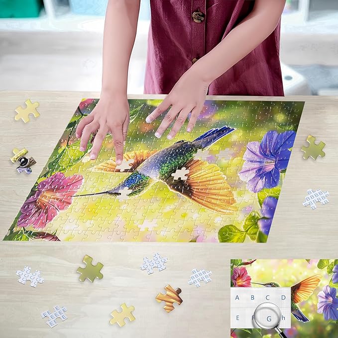300 Pieces Puzzle for Adults, Spring Hummingbird Flowers Large Pieces Jigsaw Puzzle for Kids Adults, Recycled Paper, Glossy & Sturdy Pieces, Challenging Puzzle & Perfect Family Game, 20.5 x 15 in