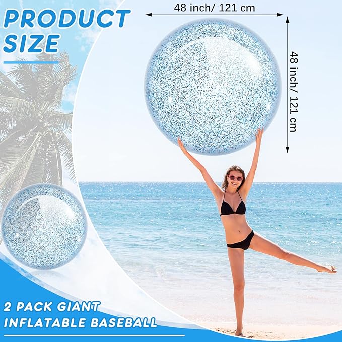 Junkin 2 Pcs 48'' Giant Sequins Beach Ball Inflatable Glitter Confetti Clear Large Jumbo Balls Toys for Outdoor Summer Swimming Pool Party Favors(Blue)