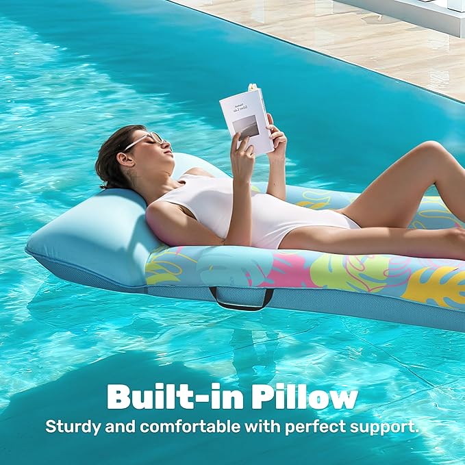 SLOOSH Inflatable Pool Floats Lounger - XL Fabric Covered Pool Mat Floaties for Adults, Ultra Comfort Water Floating Lounger with Headrest for Beach Lake Swimming Pool Float Raft 68"X34"
