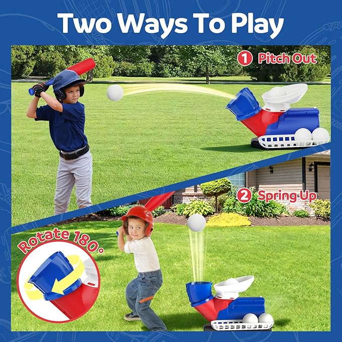 Automatic Baseball Pitching Machine for Kids, Baseball Hitting Trainer with Bat & 4 Balls, T Ball Launcher Training Equipment, Outdoor Indoor Sports Toy Gift for Boys Girls 6+