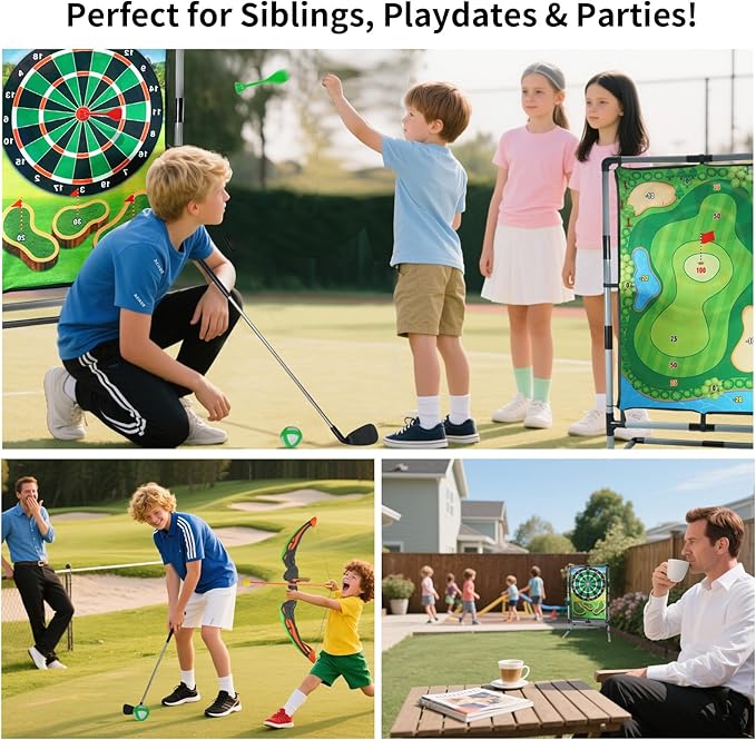 Golf Chipping Game with Stand, Multi-Sport Golf Practice Set with Archery,Hatchet,Darts,Double-Sided Hitting Mat for Backyard Fun, Indoor/Outdoor Sports Toy for Kids & Adults