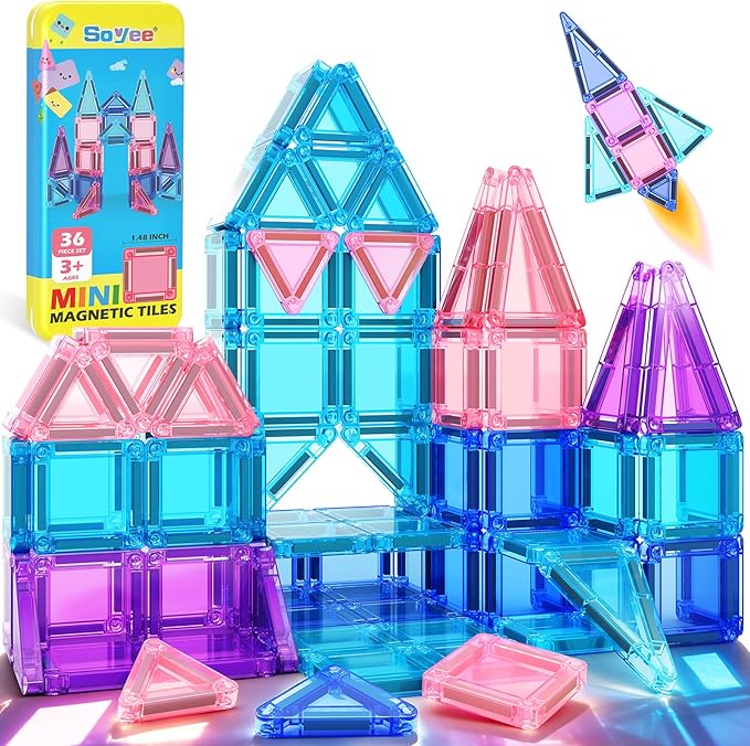Soyee Magnetic Tiles Toddler Toys Travel Essential Games Magnet Building Blocks STEM Sensory Educational Toys for 3 4 5 6 7 8+ Year Old Boys Girls Christmas Birthday Gifts