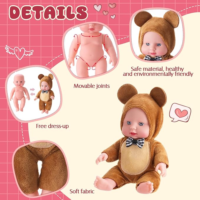 Halloscume 7 Inch Mini Baby Mini Reborn Doll Vinyl Full Body Lifelike Dolls Baby with Weighted Cloth Reborn Gift Set for Kids, Gifts for Christmas Kids (4 Pcs,Animal 1)