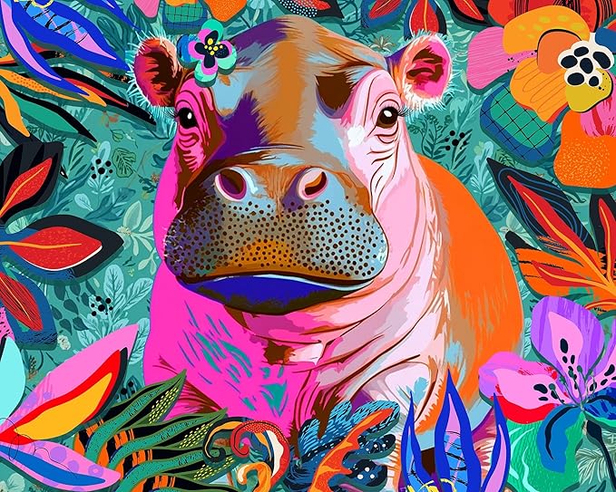 Springbok Floral Hippo Pop 500 Piece Jigsaw Puzzle for Adults and Family - Colorful Pygmy Hippo - Unique Cut Pieces - Made in USA