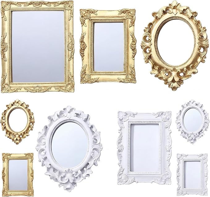 Skylety 10 Pieces Miniature Dollhouse Mirror European Frame Mirror Victorian Baroque Wall Decor Miniature Bedroom Mini Furniture Accessory for 1/12 Dollhouse Decor, Gold and Silver
