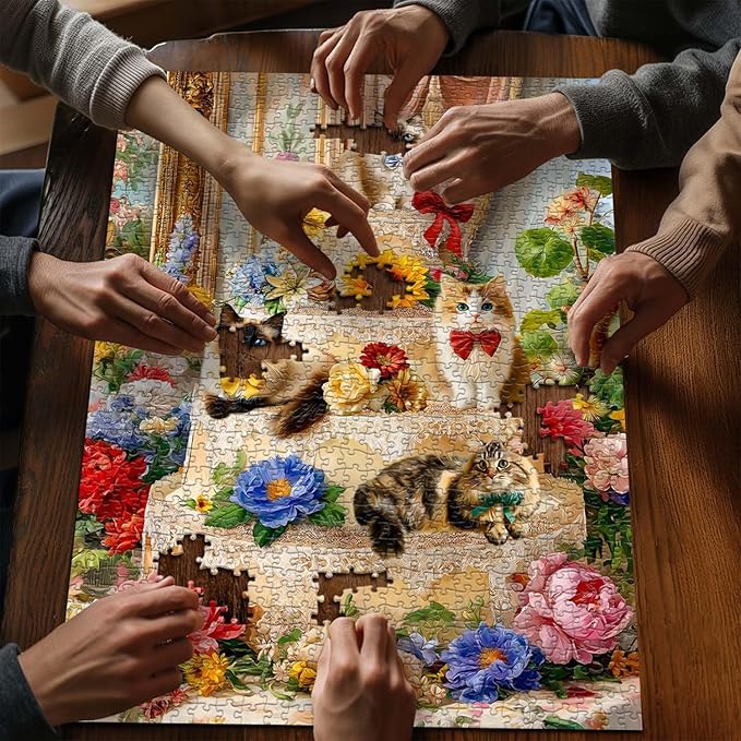 PICKFORU Cat Puzzles for Adults 1000 Pieces, Flower Kitty Jigsaw Puzzle Food Cake, Cute Animal Kitten Floral Challenge Puzzle