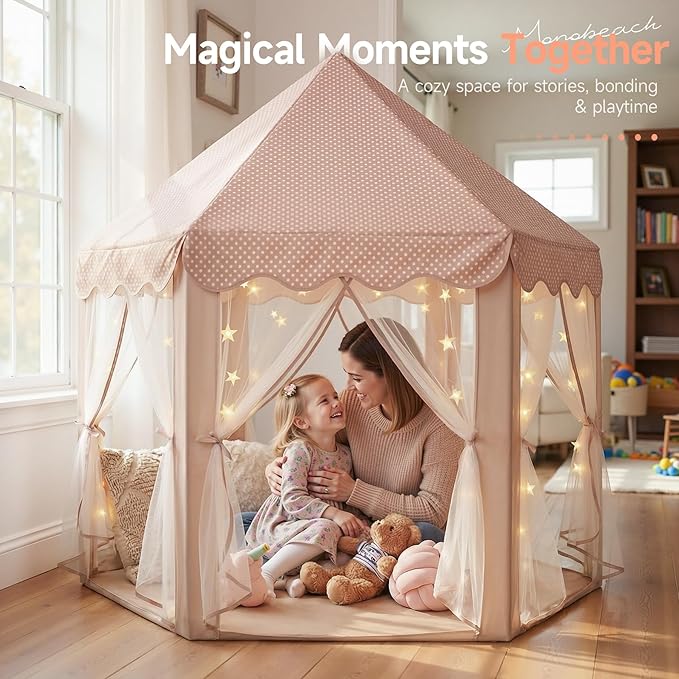 Monobeach Princess Play Tent for Girls: Brown Large Kids Castle Playhouse with Mesh Curtains & Star Lights - Indoor Outdoor Pretend Play Toys Tent - Cozy Reading Nook Gift for Toddlers & Kids