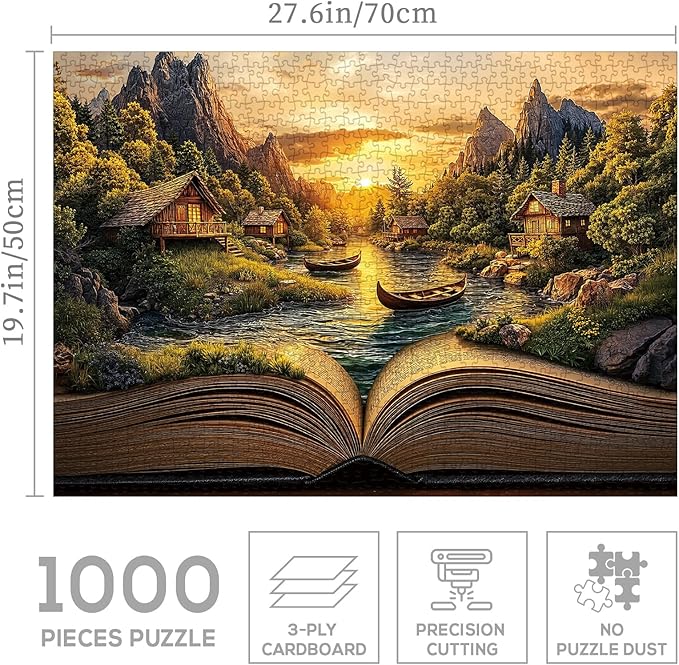 Fantasy Book Sunset Puzzle 1000 Pieces for Adults, Magic Forest Mountain Landscape Jigsaw Puzzles, Cabin Vintage Nature Scenery Puzzles