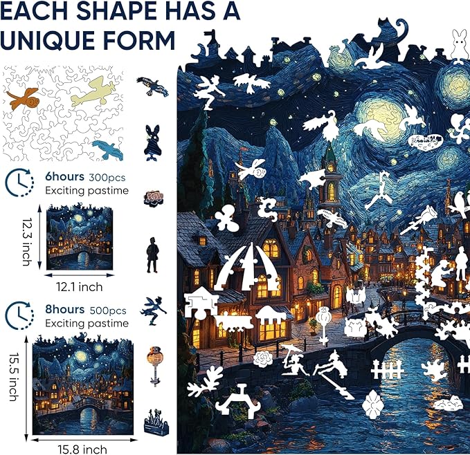 Jiroinlly Wooden Puzzles for Adults 300 Pieces, Starry Sky Town, 5MM Thick Adult Jigsaw Puzzles, Unique Shaped Puzzle for Family and Friends, Home Wall Decor, Exquisite Packaging Gift, 12.1x12.3 in