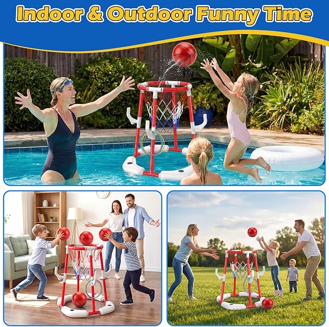 Floating Pool Basketball Hoop, 2-in-1 Basketball Pool Toys for Kids with 4 Balls 12 Rings, Summer Outdoor Swimming Pool Sports Game Water Play Toys for Kids Age 3-12