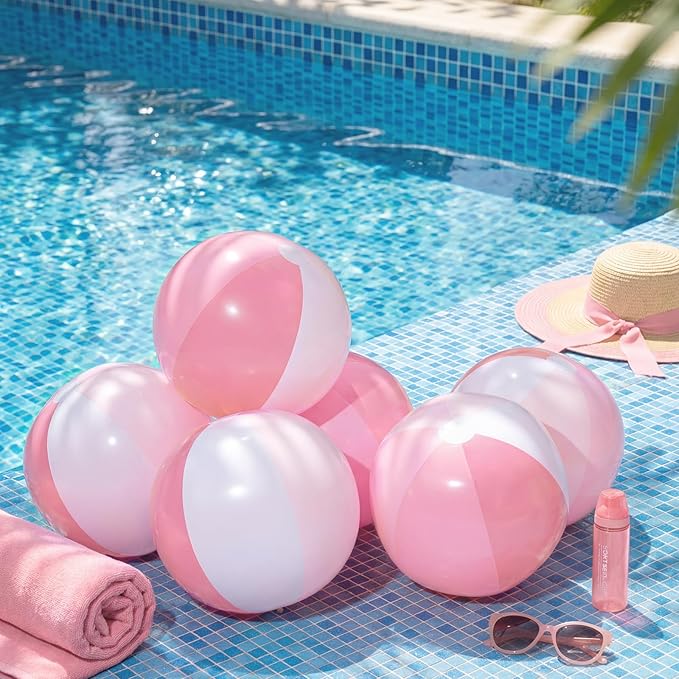 Realspring 12 Pcs Pastel Inflatable Beach Balls Kids Bulk Pink Stripe Jumbo Big Beach Balls Pool Floating Toys for Adults Water Games Baby Shower Birthday Summer Swimming Party Decor(26.5 Inch)