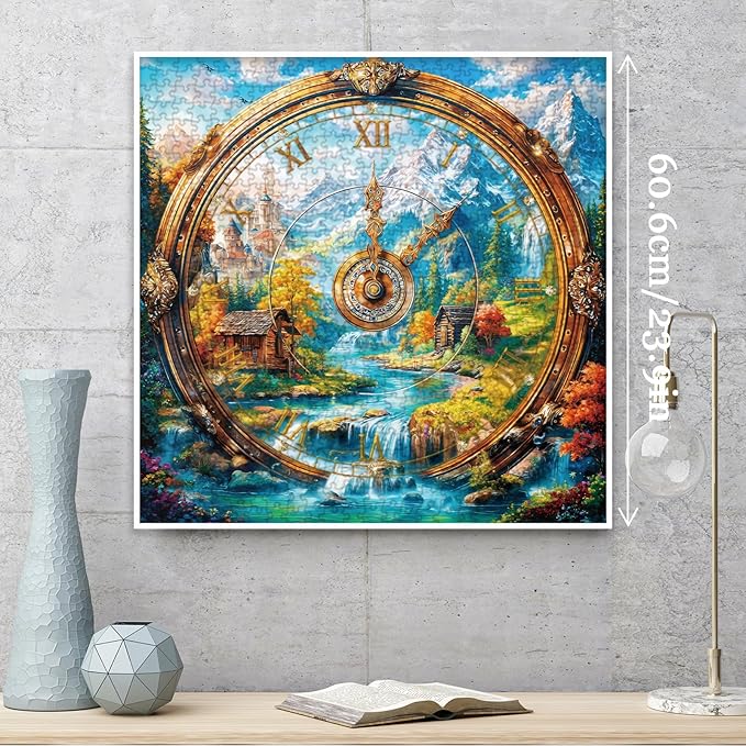 Landscape Clock Puzzles for Adults 1000 Pieces, Art Nature Mountain Flower Plant Jigsaw Puzzles, Challenging Colorful Scenic River Cabin Watch Spring Puzzle