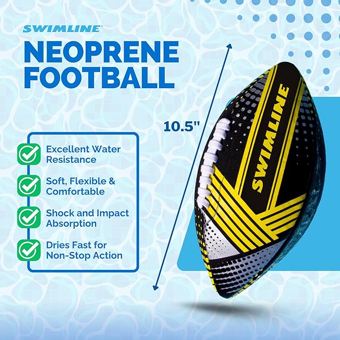 SWIMLINE Neoprene Pool & Beach Accessory for Active Group Play, Backyard Games, and Water Sports – Waterproof Soft Football, Black & Yellow, 10.5"