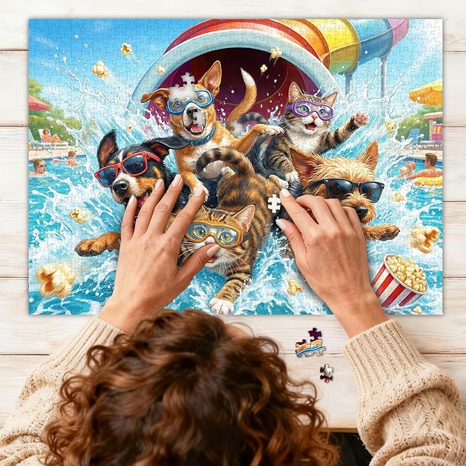 Puzzles for Adults 1000 Pieces, Funny Dog Cat Jigsaw Puzzles for Adults, Water Park Cool Fun Hard Difficult Challenging Jigsaw Puzzles 1000 Pieces Family Activity Game Nights Gifts