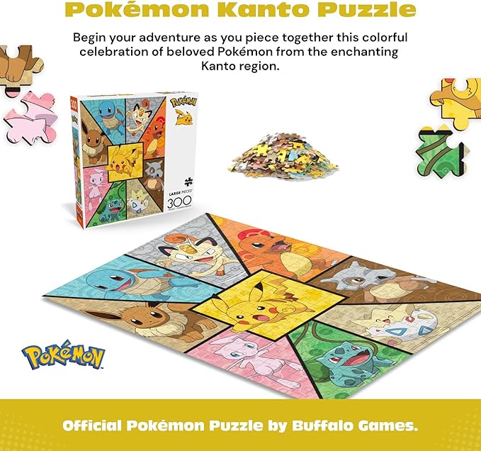 Buffalo Games - 300 Piece Jigsaw Puzzle Pokemon Kanto Companions, Made in USA, Premium Recycled Board, Full-Color Poster, Giftable Colorful Art