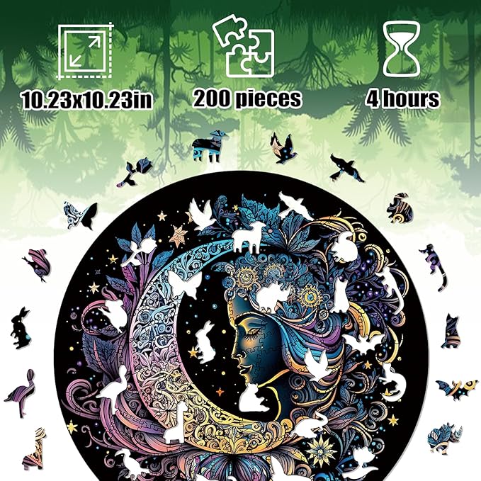 Wooden Puzzles for Adults, 200 Pieces Sun and Moon Uniquely Irregular Animal Shaped Wooden Jigsaw Puzzles, Creative Gift for Adults