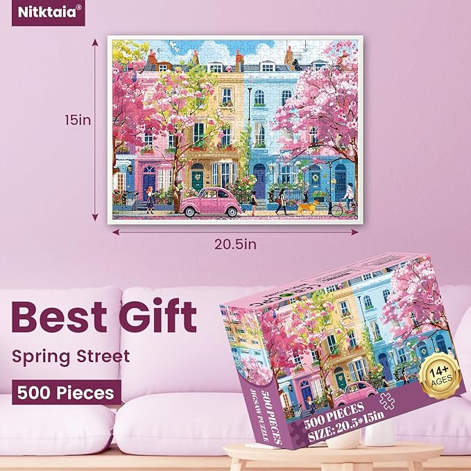 500 Pieces Jigsaw Puzzles for Adults,Beautiful Spring Puzzle for Teens Adults Elderly, Blooming Street City Puzzle 500 Pieces, Cute Puzzles with Letters on Back,Challenging Family Game Gifts,20.5x15in