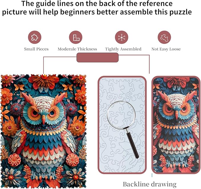 MEATRN Multicolored Owl Wooden Puzzles for Adults - 200 Pieces Natural Wood Jigsaw Puzzle, Laser-Cut Precision, Forest Wildlife Animal Theme, Relaxing Family Game & Creative Gift, 9.5x12.6in