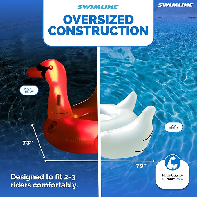 SWIMLINE ORIGINAL 90702 LED Inflatable Swan Pool Float Lounge| Light-Up Ride-On Floatie Raft with Stable Legs | 3 Color Options for Parties & Relaxation