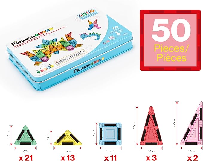 PicassoTiles 50PC Nano Magnetic Tile Travel Toy Construction Building Blocks Playset with Storage Case STEM Montessori Classroom Learning Magnet Tiles Stacking Toys for Toddlers Girls Boys Age 3+ PN02