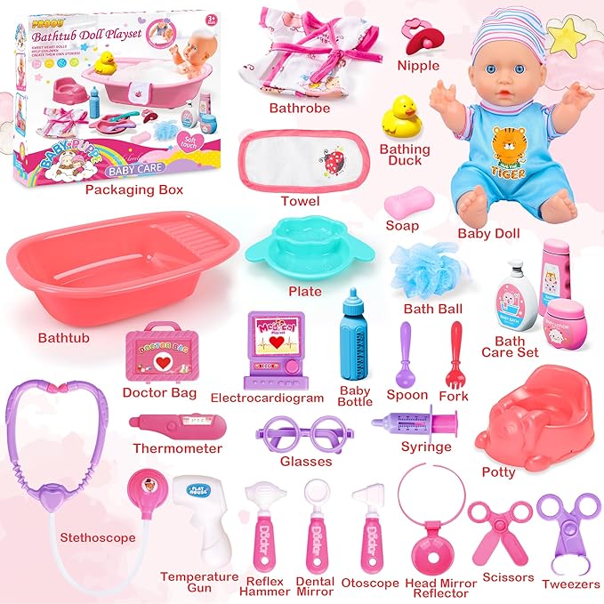 PROOU Baby Doll Care Toys, 30PCS Baby Dolls Bath Set & Doctor Kit, Pretend Play Baby Doll Set, Incl Bathtub, Bathrobe, ECG, Thermometer, Toddlers Toys Gifts for Age 3 4 5 6 Year Old Girls
