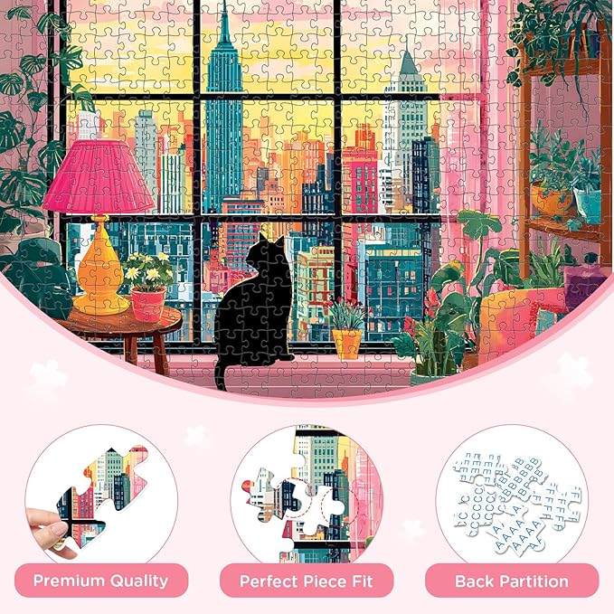 500 Pieces Jigsaw Puzzles for Adults, Black Cat in City Jigsaw Puzzle for Adults Elders Seniors, Colorful Art Jigsaw Puzzle, Interlock Letter on Back, Home Decor Birthday Party Gift Toys 20.5 x 15 in