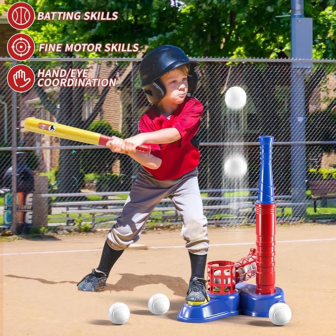 2 in 1 T Ball Sets for Kids 3-5,Tee Ball Set with 10 Balls,Step on Pitching Machine,Teeball Batting Tee,Baseball Toys Outdoor/Indoor Sport Toys Gift for 3 4 5 6 7 8 Year Old Kids Boys Girls
