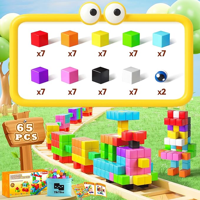 65PCS Magnetic Blocks with Magnet Eyes Toy, Magnetic Building Blocks with Storage Bag for Kids Gifts, STEM Preschool Sensory Magnetic Cubes for Toodlers Boys Girls Ages 3 4 5 6 7 8, Bright Color