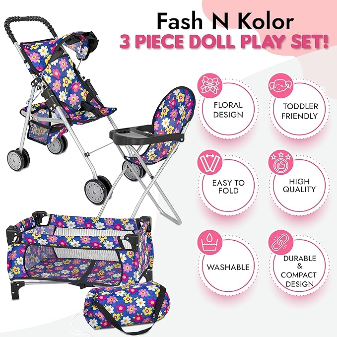 Fash n olor 3 Piece Baby Doll Play Set Flower Design Includes - Foldable Pack N Play, Baby Doll Stroller, Baby Doll High Chair, Fits Up to 18'' Dolls 3 Piece Doll Accessories Set, Best Gift for Girls