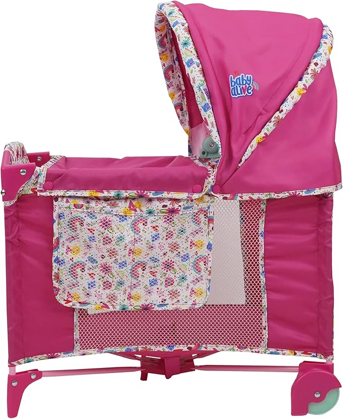 Baby Alive: Deluxe Doll Play Yard - Pink & Rainbow - Fits Dolls Up to 18", Retractable Canopy, Easy Maneuvering, Folds for Travel & Storage, Pretend Play for Kids Ages 3+