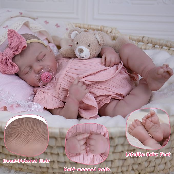EKOKIZ Realistic Baby Doll, 20-Inch Reborn Baby Doll Girls Soft Cloth Body Newborn Dolls That Look Real, Lovely & Pretty Lifelike Doll with Pink Dress and Toy Accessories for Kids Age 3+