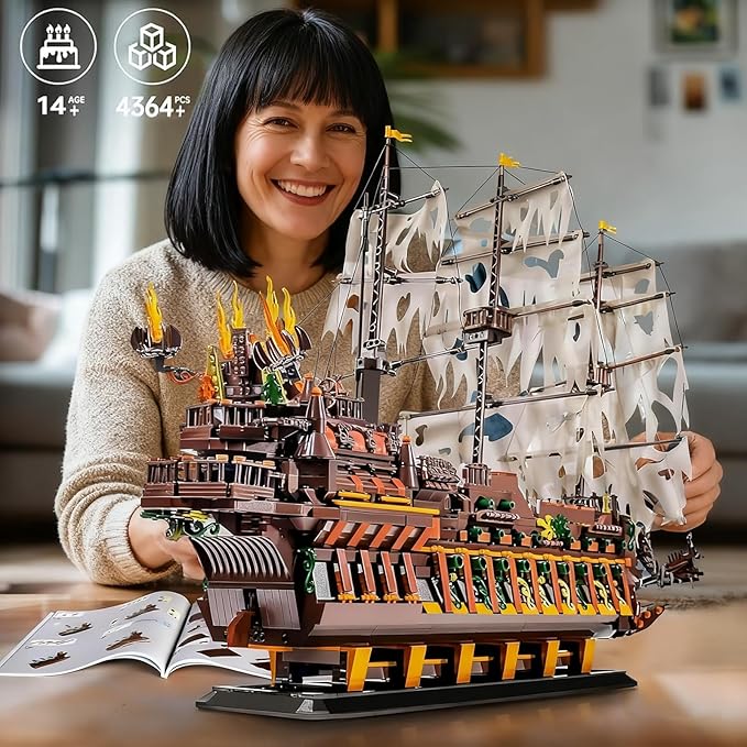 Mould King Large Pirates Ship Model Building Blocks Kits, MOC Dutchman Building Block Pirate Ship Construction Set to Build, Toys Gift for Age 14+/Adult Collections Enthusiasts (4364+Pieces)