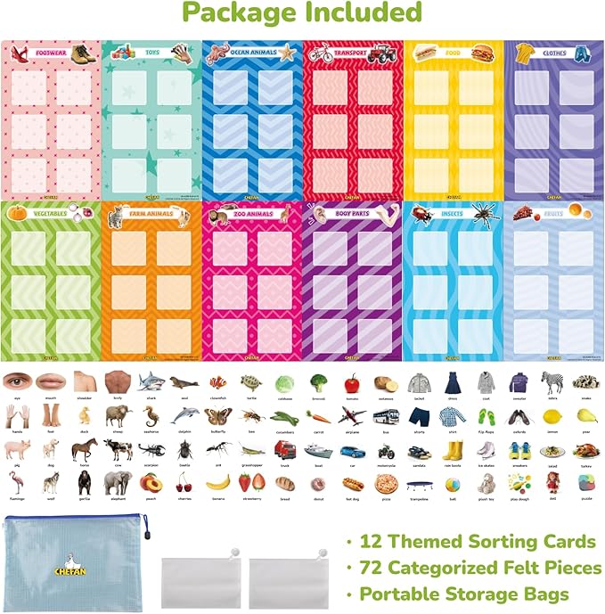 CHEFAN Sorting Toy for Toddlers, 12 Themes Learning Education Toys Sorting Games, Fine Motor Montessori Game Preschool Educational Learning Gift for Year Old Kids