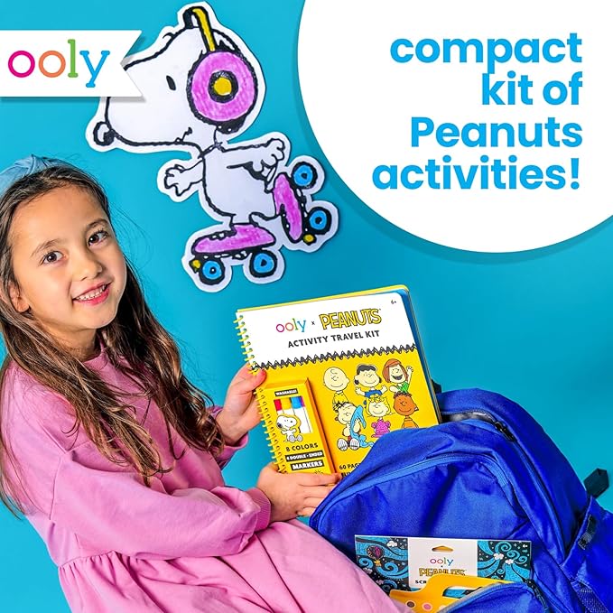 Ooly x Peanuts Snoopy School Coloring Travel Kit, 60-Page Activity Book with Coloring Sheets, 4 Double-Ended Markers - 8 Colors, 2 Sticker Sheets, Puzzles & Games, Snoopy & Charlie Brown Art Set