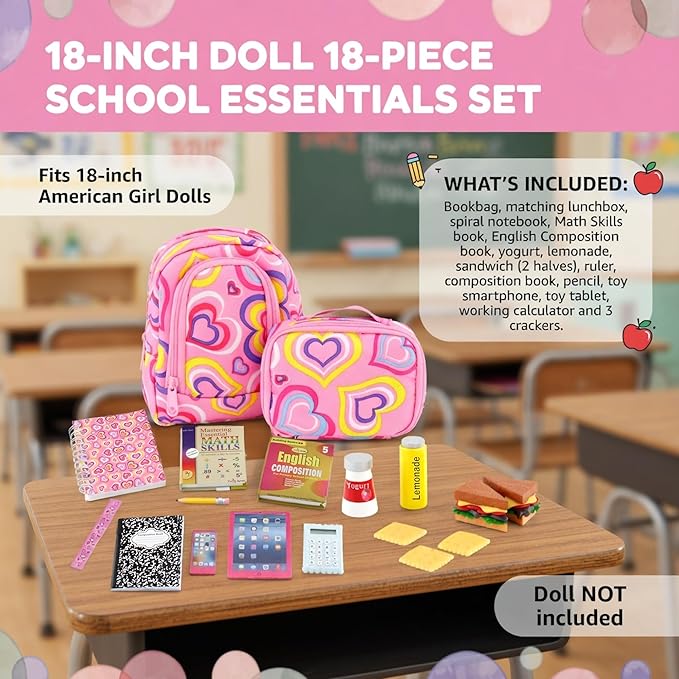 Emily Rose 18-Inch Doll School Essentials 18-Piece Set – Backpack, Lunch Box, Working Calculator & Pretend Food | Premium Back-to-School Playset Compatible with American Girl Dolls