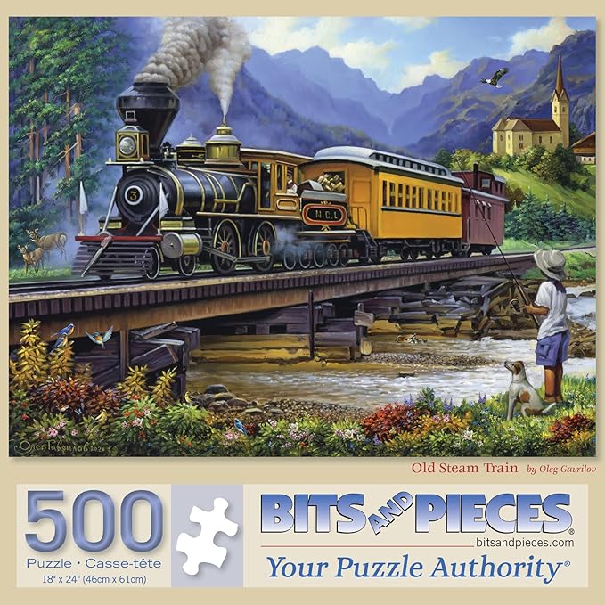 Bits and Pieces – Large 500 Piece Jigsaw Puzzle for Adults – Old Stream Train - Countryside Vintage Train Jigsaw Puzzle by Artist Oleg Gavrilov, Completed Puzzle Size: 18" x 24"