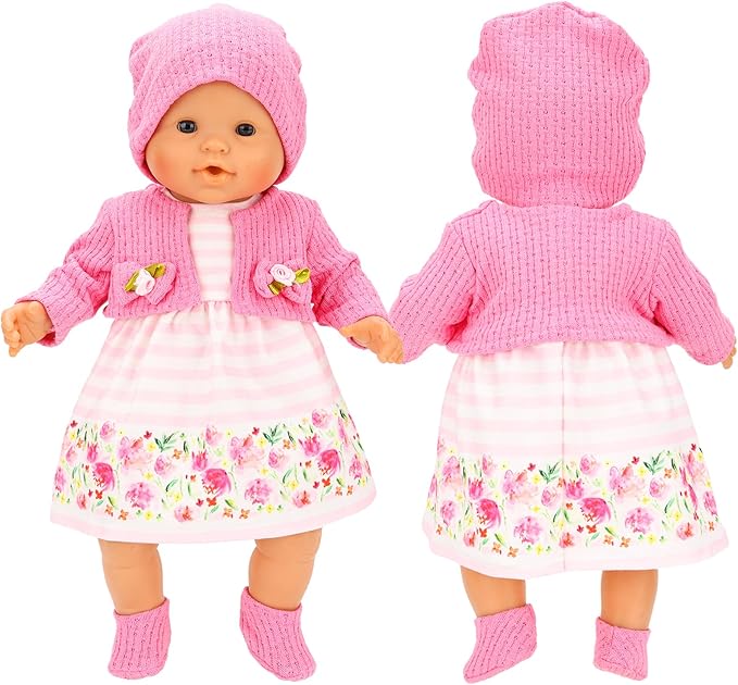 4 Sets Baby Doll Dress Knitted Hat Outfit Dolls Accessories with Baby Doll Socks for 14 Inch to 17 Inch Dolls (Pink and Flowers Style)