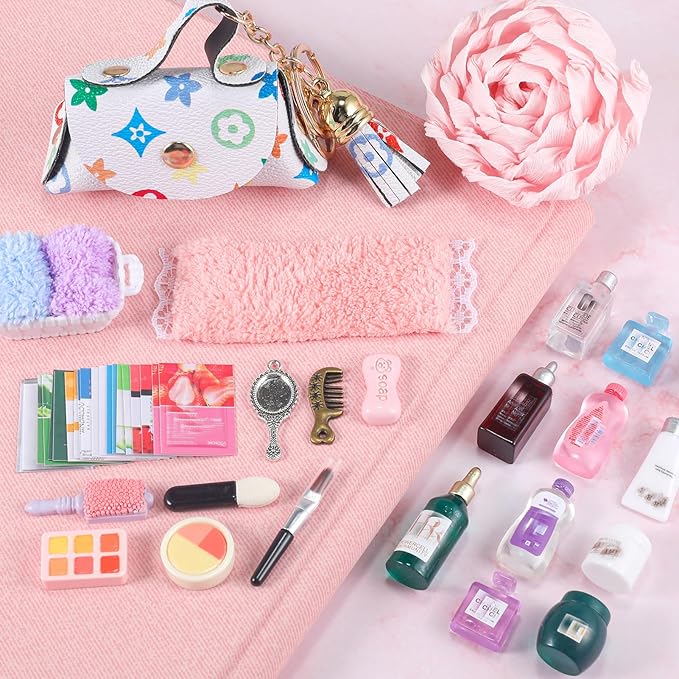 62 Pcs Miniature 1: 12 Scale Dollhouse Decoration Accessories Include Dollhouse Toothbrush Toothpaste Towel Mask Soap Lipstick Comb Shampoo Lotion Cleansing Cream Perfume Bag
