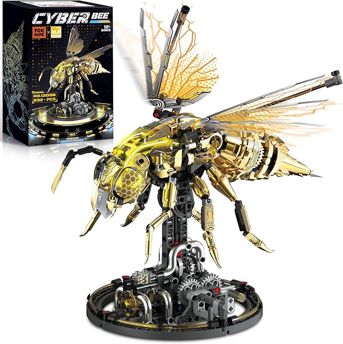 Mechanical Bee Building Set for Adults, Technic Animal Building Block Insect Model with Lights & Moving Wings, Golden Robot Bee Collectible Toy Kit, Creative Display & Gift Idea, 832Pcs