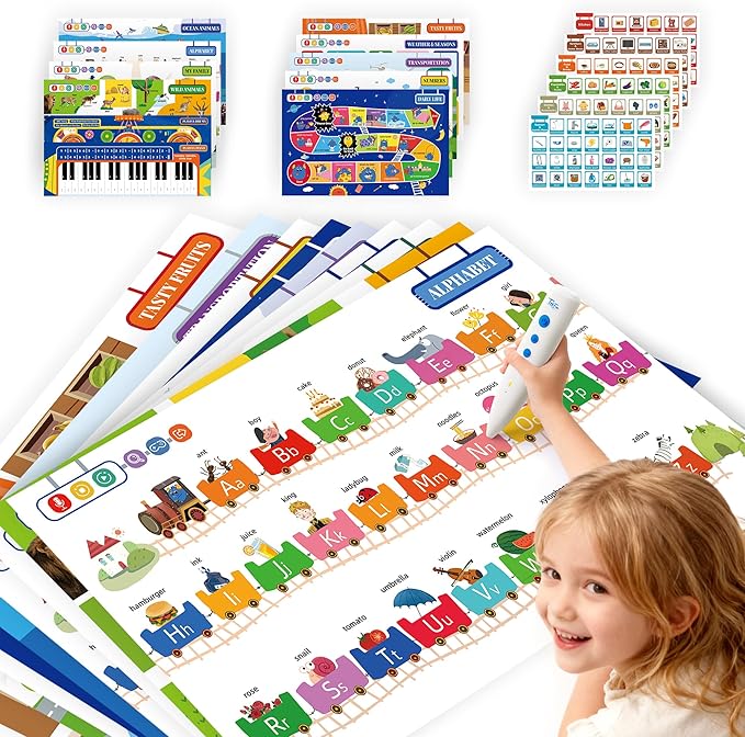 TEKFUN Interactive ABCs & 123s Learning Poster with Talking Pen, Autism Sensory Educational Toys, Toddler Birthday Gifts for Kids Ages 1 2 3 4 5 6