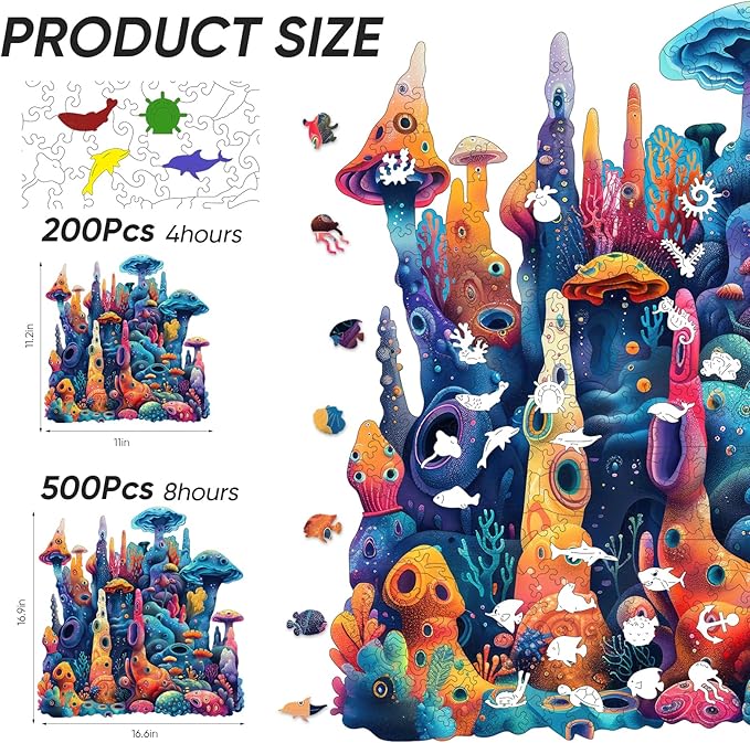 Qiuenisray Wooden Puzzles 500 Pieces, Coral Ocean Jigsaw Puzzles, FSC Certified Wood Puzzle, Wall Decor, Unique Shape Puzzle Piece, Creative Gift for Family Game 16.6x16.9 in
