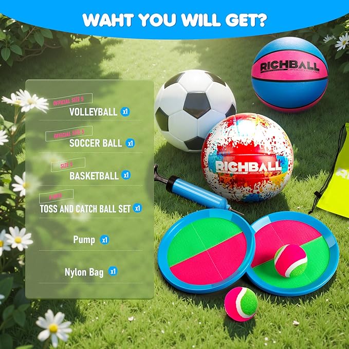 Richball 4-in-1 Outdoor Sports Ball Set for Kids – Soccer, Basketball, Volleyball and Toss & Catch Paddle Ball Game – All-in-One Gift Stocking Stuffers for Kids Boys & Girls Ages 3+