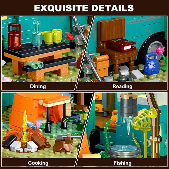 Wilderness Bus Building Set with Light, 1392PCS Camping Building Toy Kit with Removable Bus, Animals and Rich Accessories, Creative Home Decor & Display, Xmas Birthday Gifts for Adults Teens