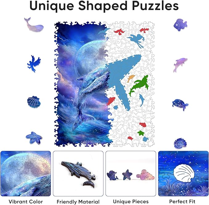 Bovearto Wooden Puzzle for Adults, Whale Wooden Jigsaw Puzzles, Animal Edgeless Puzzle Unique Shaped for Kids Family Games for Adults Large Size(13.5"*16.9")