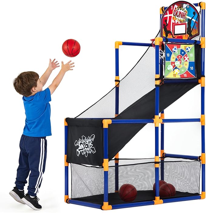 2-in-1 Kids Basketball Arcade Game Set with 4 Balls & 6 Sticky Toss Balls – Indoor & Outdoor Basketball Hoop and Dart Game, Height Adjustable Sports Toy with Ball Return Ramp for Boys & Girls Ages 3+