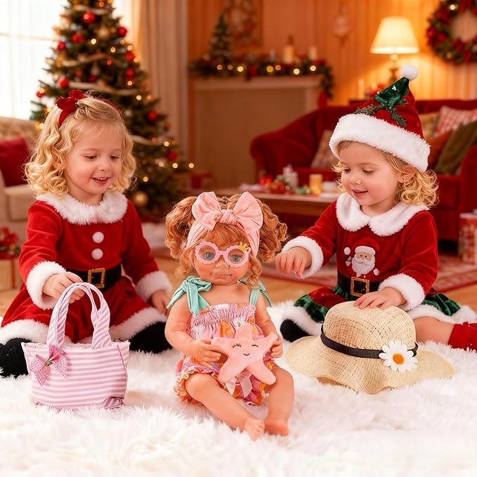 BABESIDE 7-Piece Reborn Baby Doll Clothes Set for 16–20 Inch Dolls, Washable Floral Outfit for Realistic Babydoll with Hat, Bag and Headband, Baby Doll Accessories Pretend Play Set for Kids