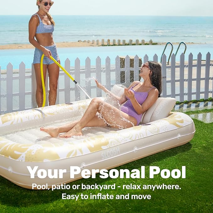 SLOOSH Inflatable Tanning Pool Lounger Float, 85" x 57" Extra Large Pool Floats Adult with Pillow, 4 in 1 Suntan Tub Raft Floatie,Sunbathing Bed Lounge for Water Blow Up Ball Pit, XL-Golden White