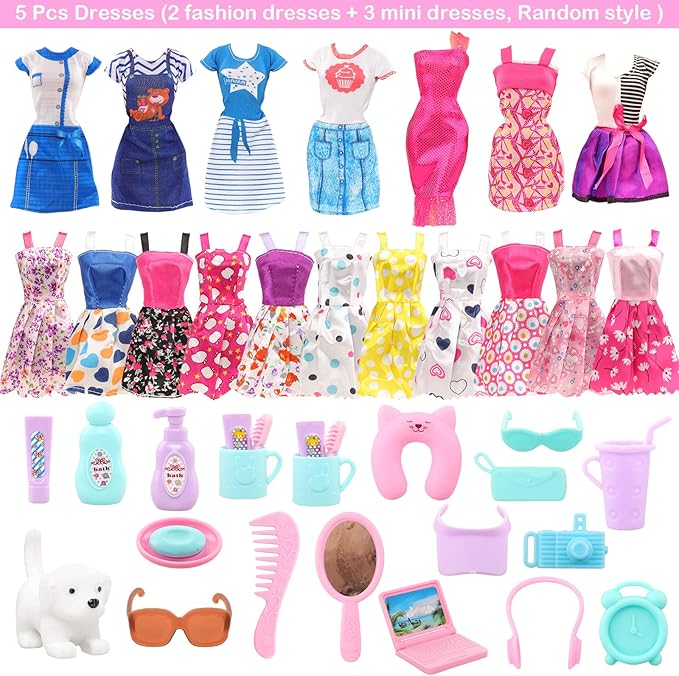 BARWA 32 Pcs Doll Suitcase Luggage Travel Clothes and Accessories for 11.5 inch Girl Doll Travel Carrier Storage, Including 1 Luggage 1 Suitcase 23 Travel toiletries 5 Dresses 1 Puppy 1 Computer…